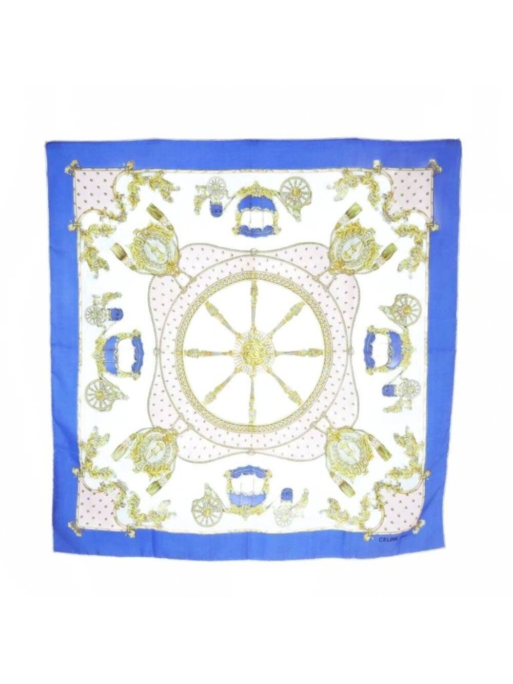 Celine Scarf Carriage Pattern Chain Silk Blue White Vintage
